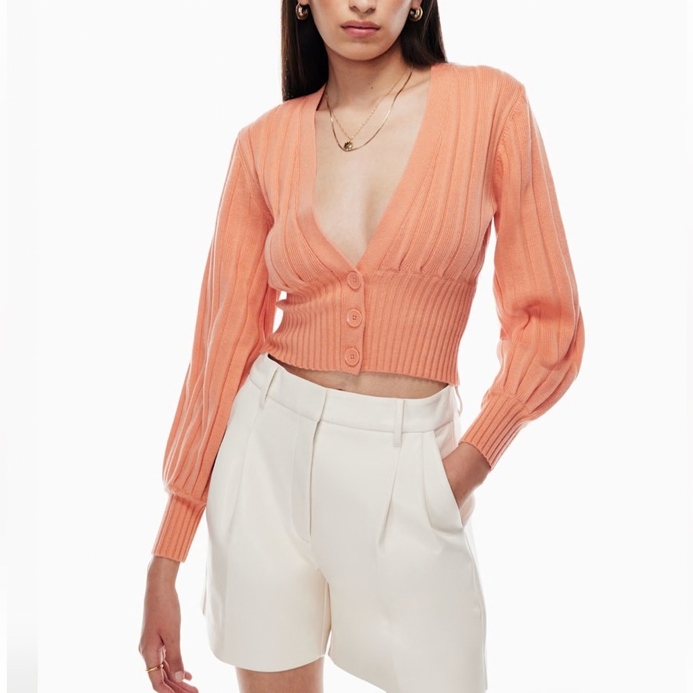 Aritzia Wilfred Plunge Front Wool V-Neck Cardigan Ribbed Orange Size Medium